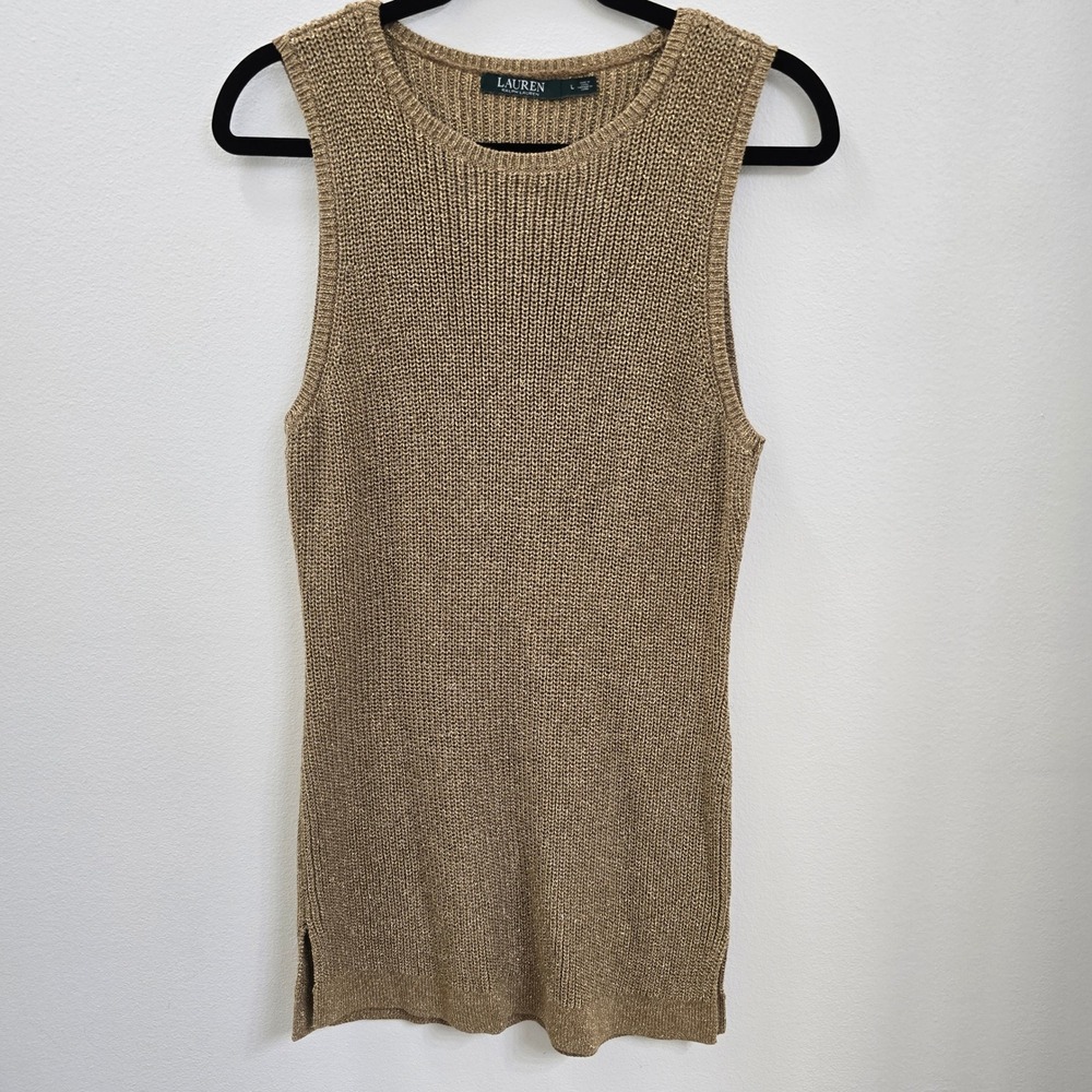 Lauren Ralph Lauren Gold Metallic Linen Cotton Knit Sleeveless Tunic Top Large‎
